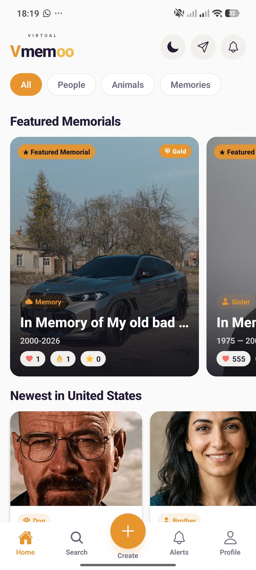 Authentic Vmemoo home screen showing featured memorials and People, Animals and Memories tabs
